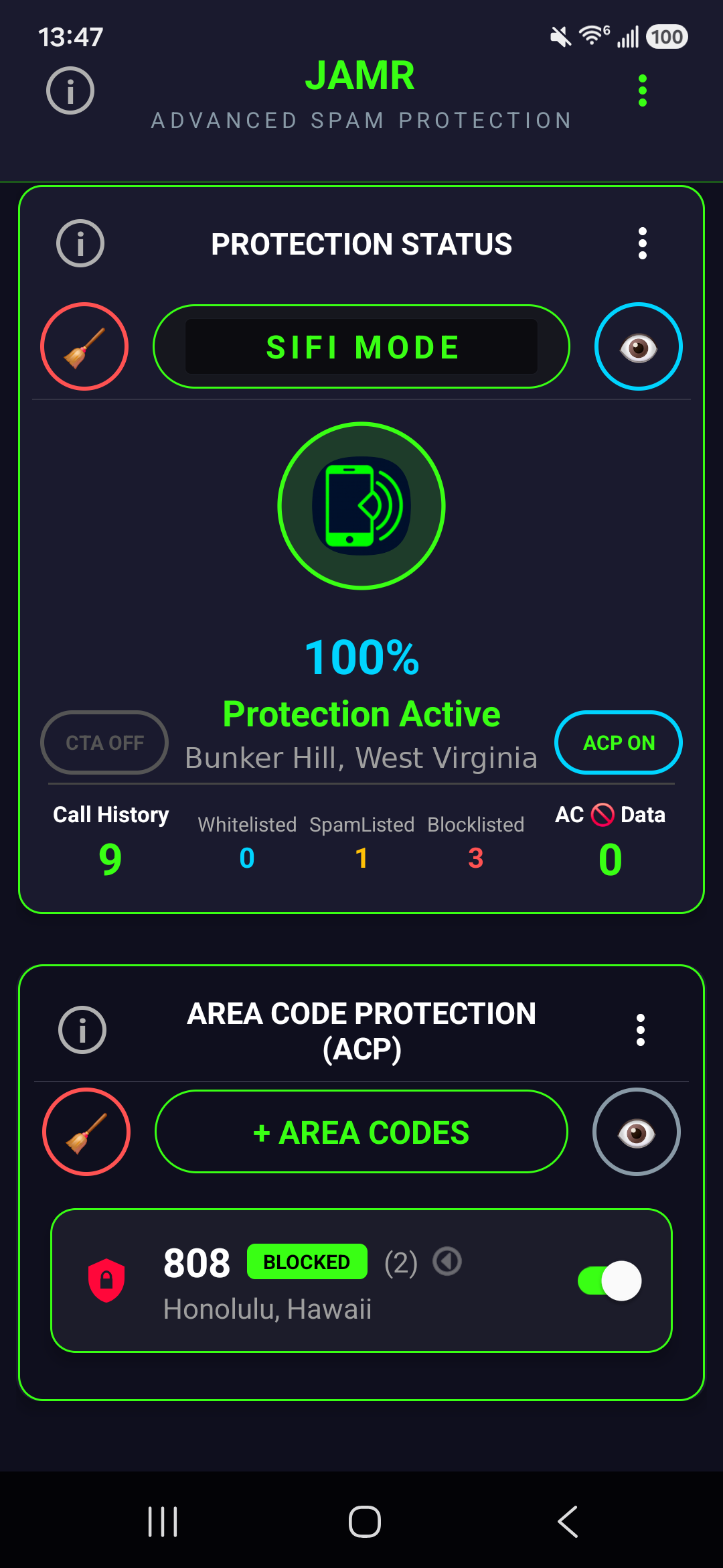JAMR Area Code Protection screen with area code 808 Honolulu blocked via toggle