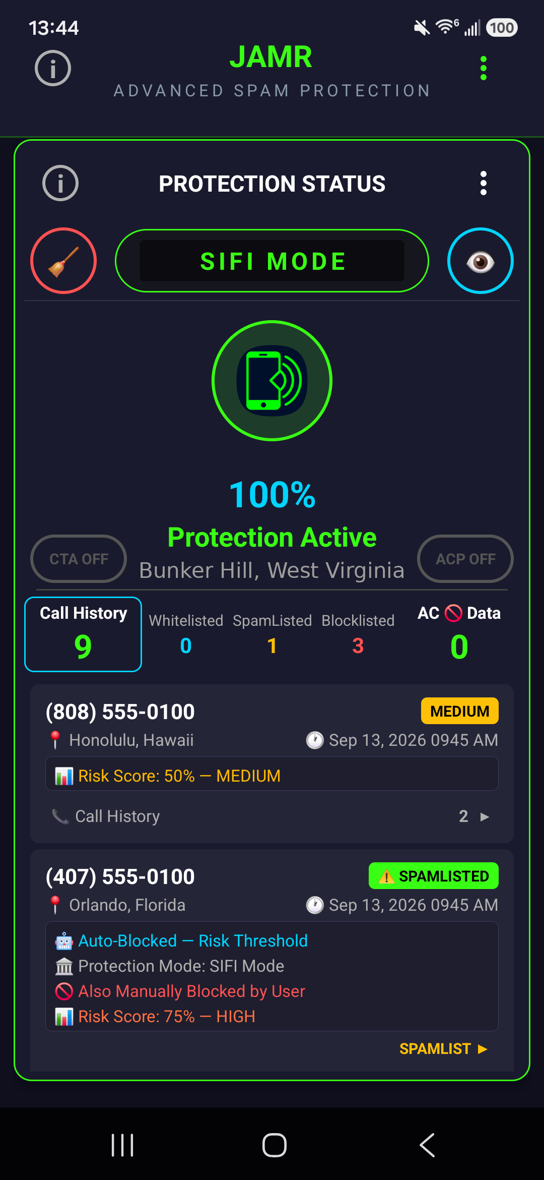 JAMR risk-scored call history with MEDIUM and HIGH threat scores and auto-block details