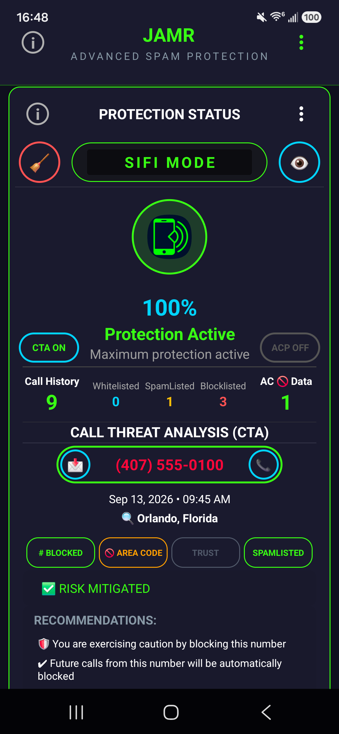 JAMR Call Threat Analysis screen showing a blocked number marked risk mitigated, with one-tap block, area code, trust, and spamlist actions plus recommendations