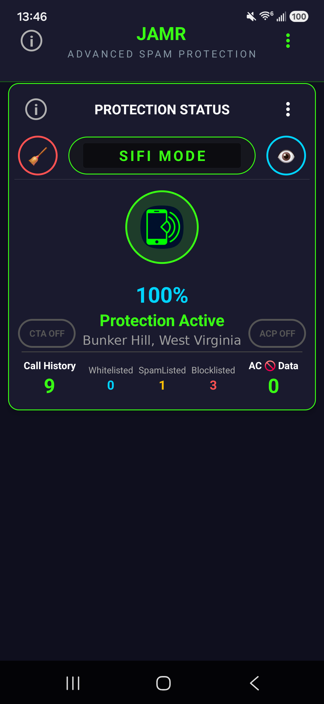 JAMR app dashboard showing SIFI Mode and 100% Protection Active