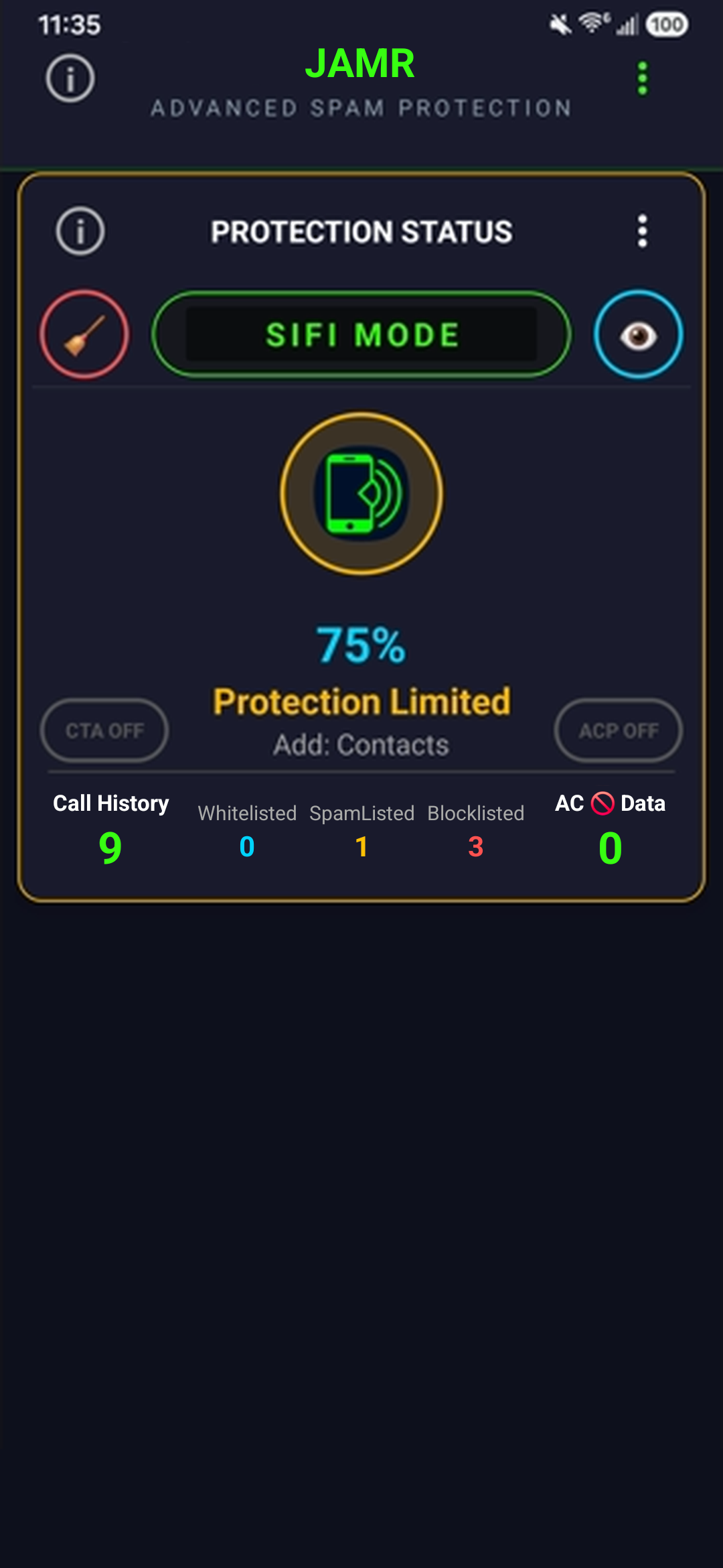 JAMR Protection Status showing 75% Protection Limited with a prompt to add Contacts access