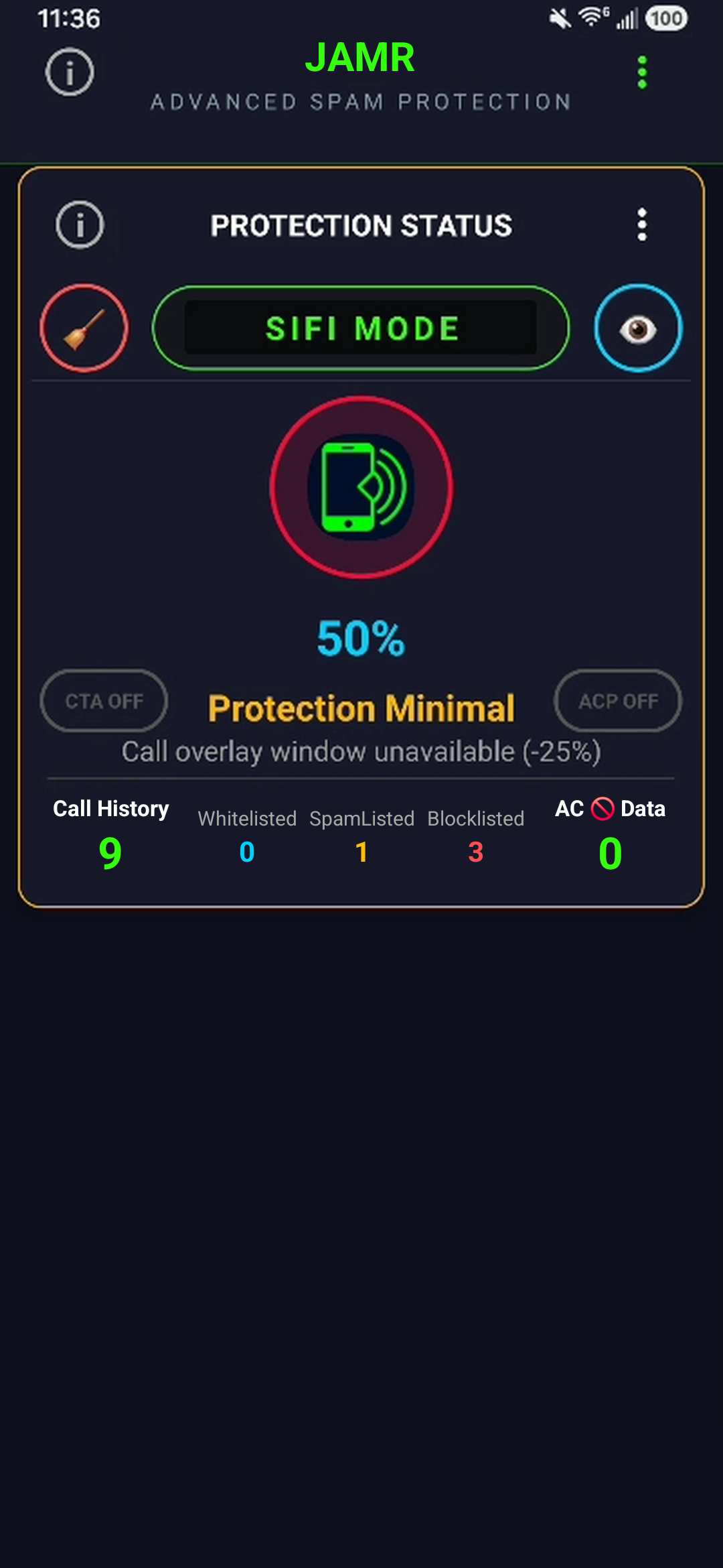 JAMR Protection Status showing 50% Protection Minimal with the call overlay window unavailable costing 25 percent