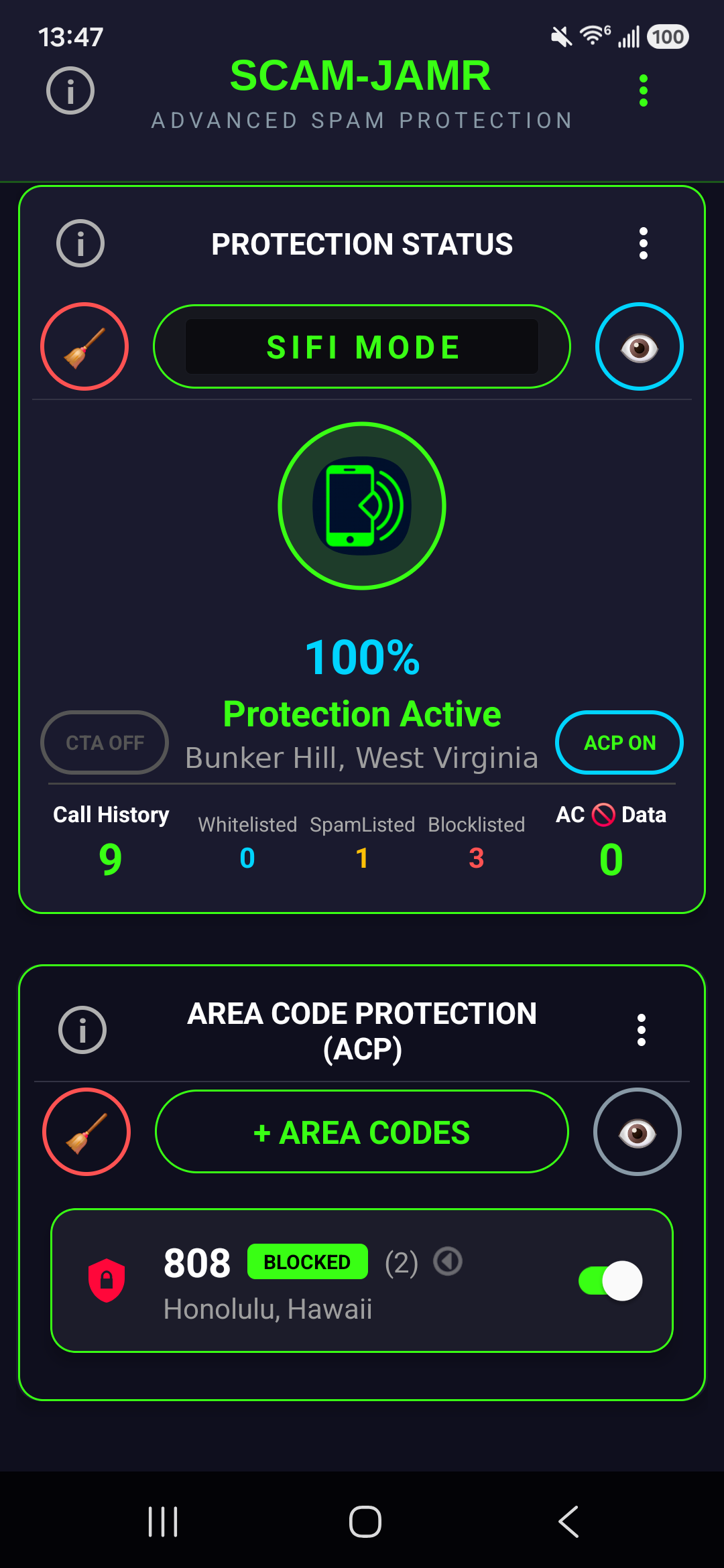 SCAM-JAMR Area Code Protection screen with area code 808 Honolulu blocked via toggle