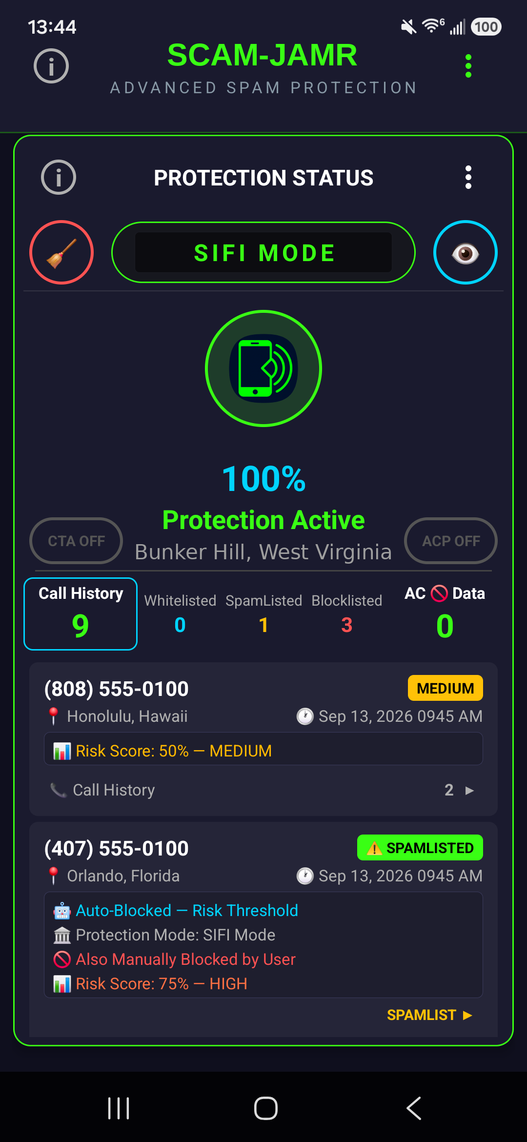 SCAM-JAMR risk-scored call history with MEDIUM and HIGH threat scores and auto-block details