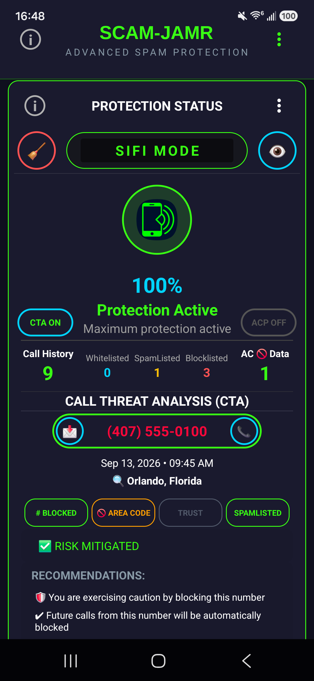 SCAM-JAMR Call Threat Analysis screen showing a blocked number marked risk mitigated, with one-tap block, area code, trust, and spamlist actions plus recommendations