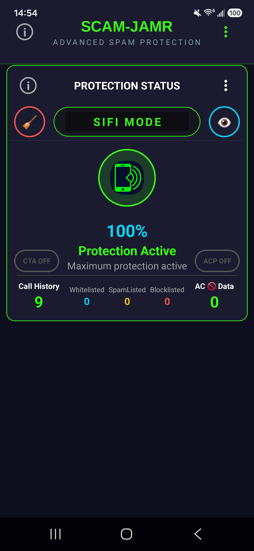 SCAM-JAMR Protection Status dashboard showing SIFI Mode active and 100% protection
