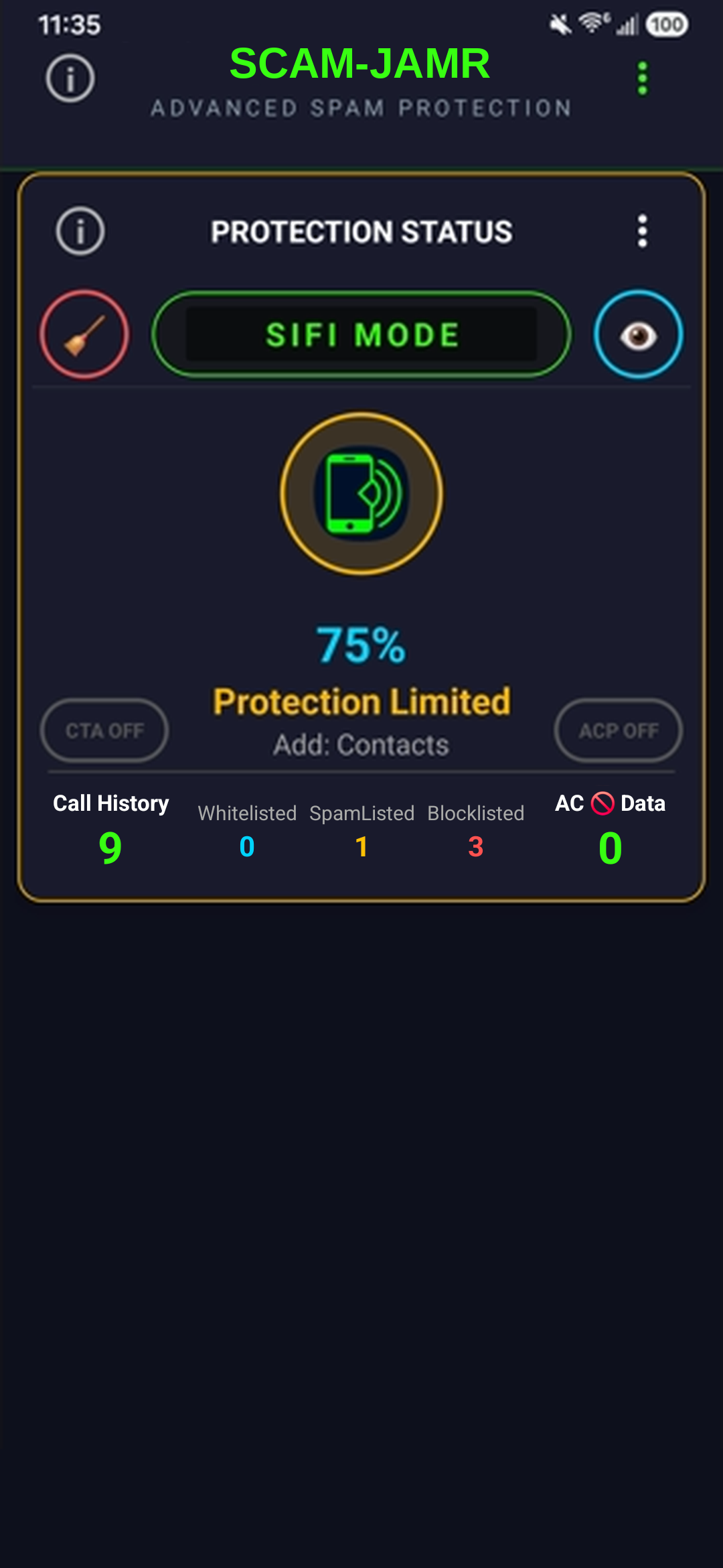 SCAM-JAMR Protection Status showing 75% Protection Limited with a prompt to add Contacts access