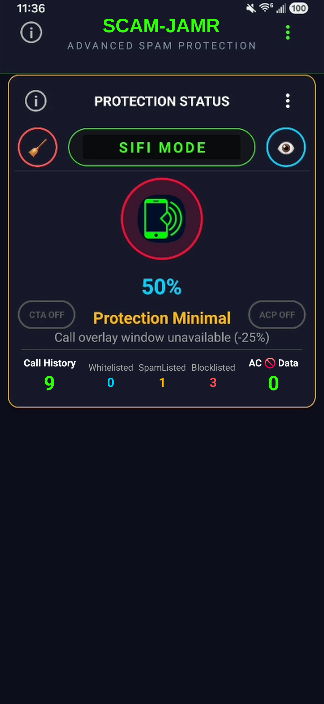 SCAM-JAMR Protection Status showing 50% Protection Minimal with the call overlay window unavailable costing 25 percent