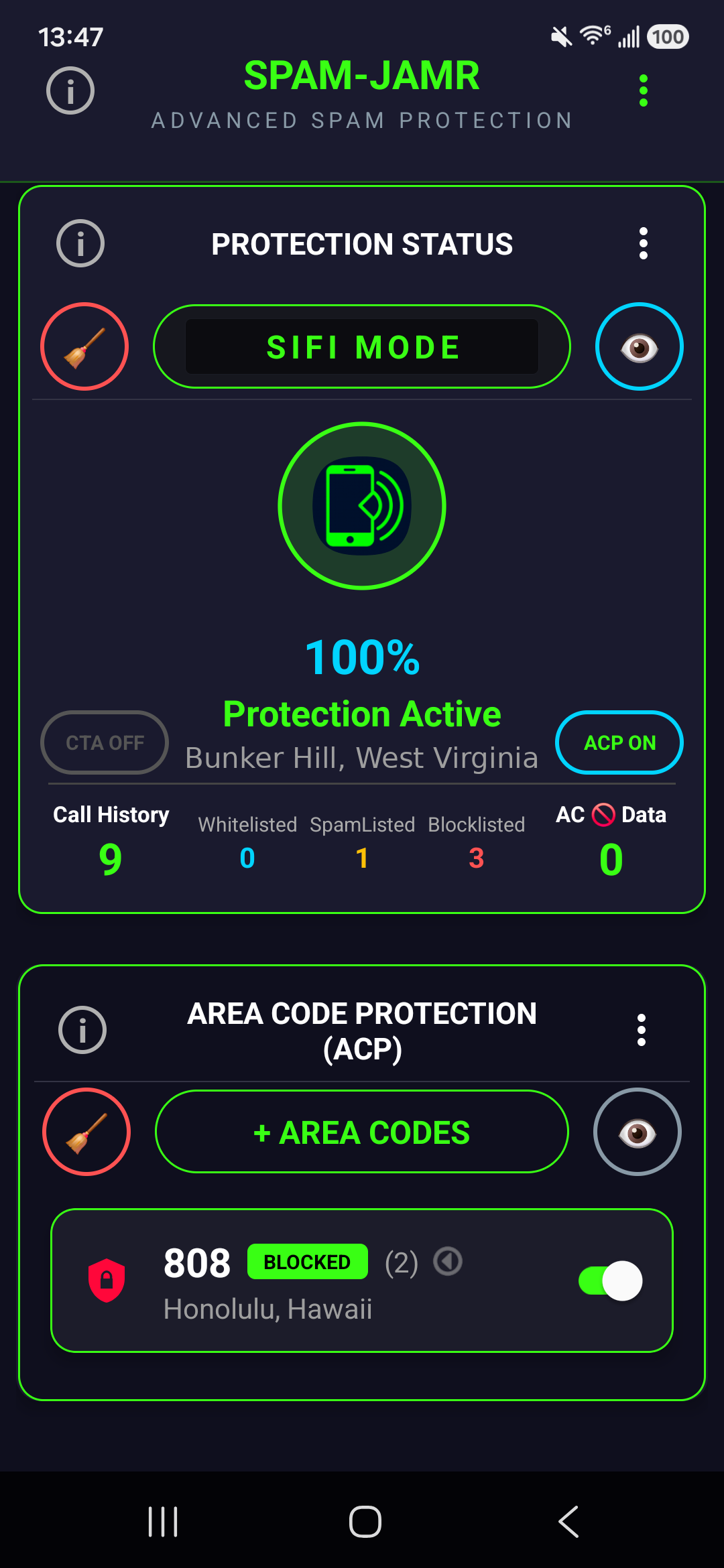 SPAM-JAMR Area Code Protection screen with area code 808 Honolulu blocked via toggle