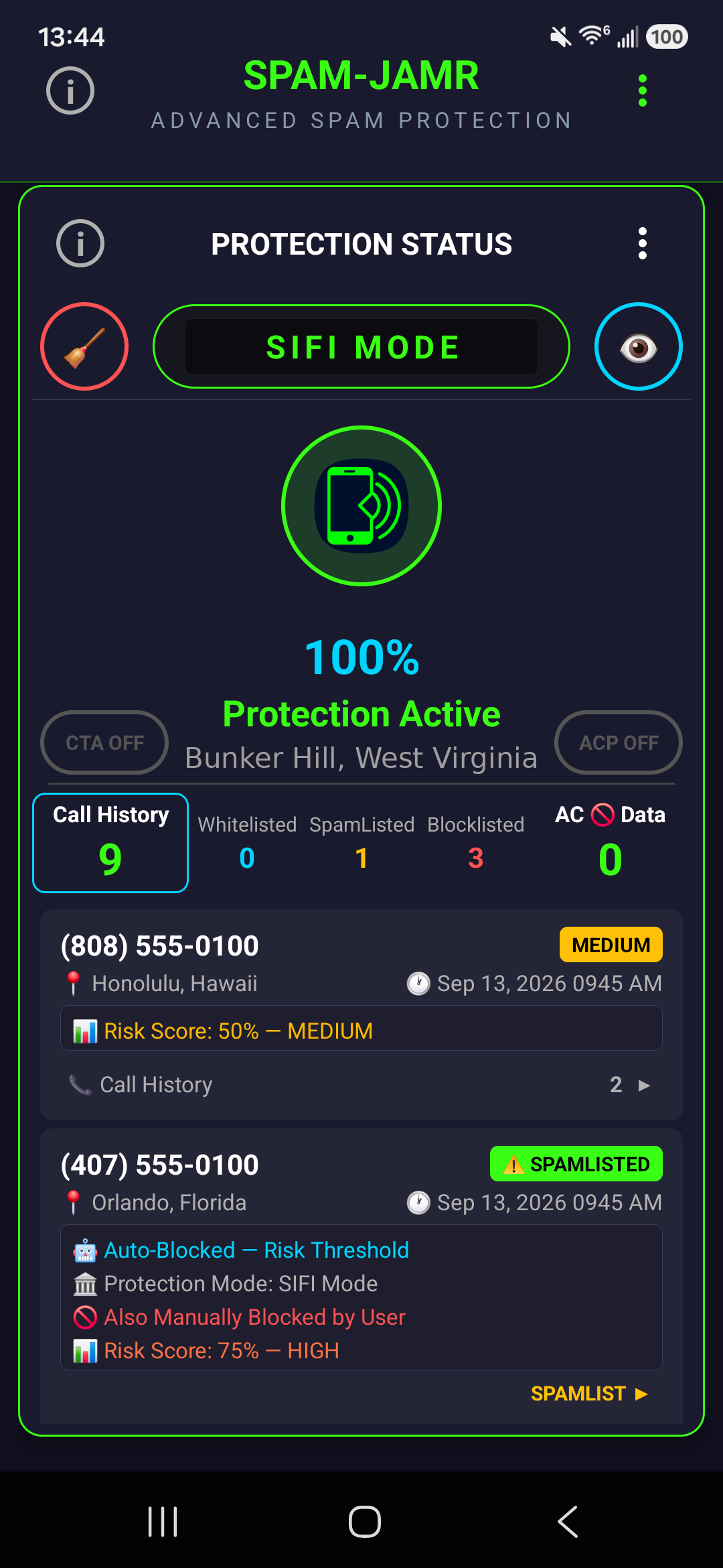 SPAM-JAMR risk-scored call history with MEDIUM and HIGH threat scores and auto-block details