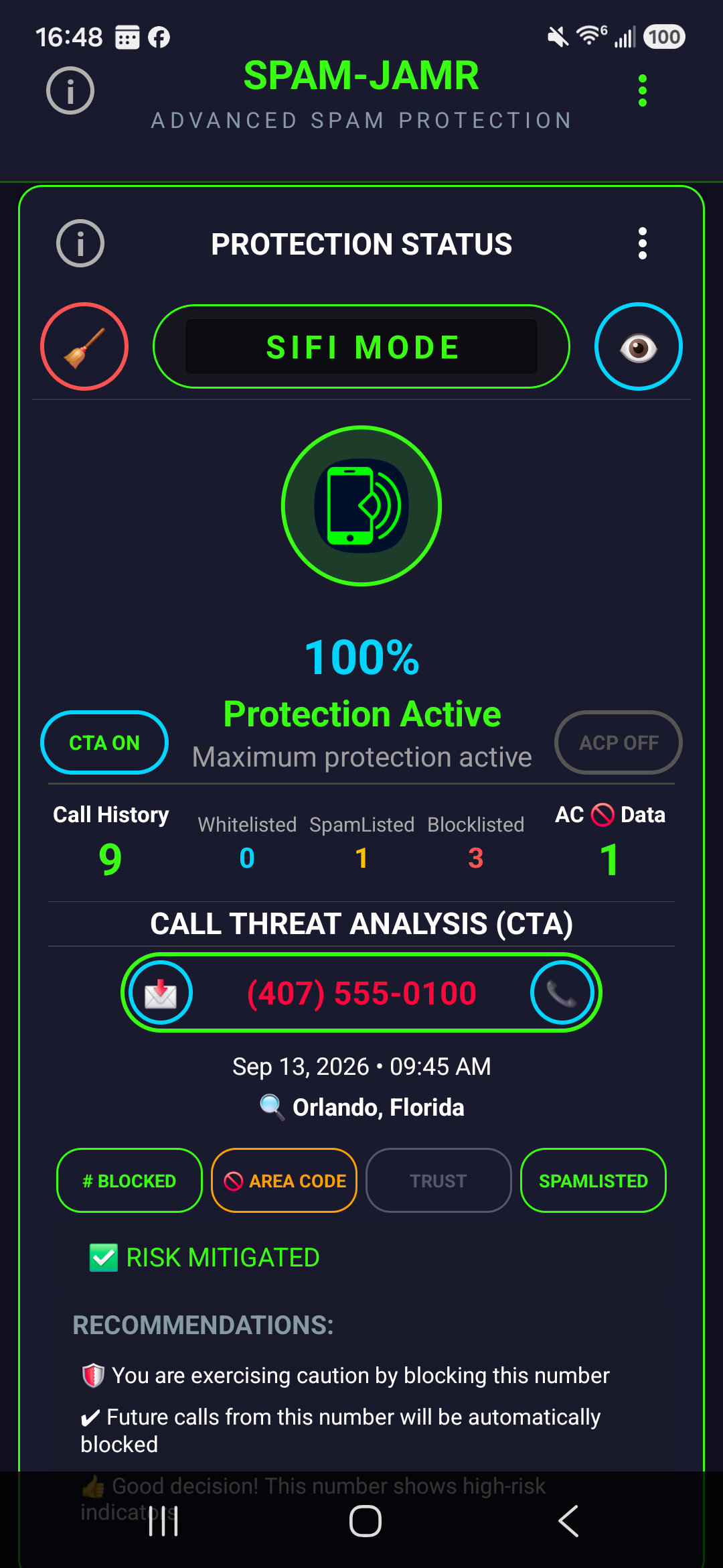 SPAM-JAMR Call Threat Analysis screen showing a blocked number marked risk mitigated, with one-tap block, area code, trust, and spamlist actions plus recommendations