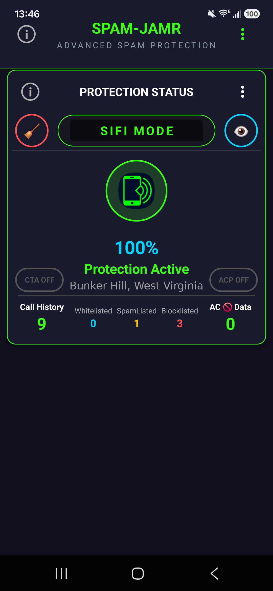 SPAM-JAMR app dashboard showing SIFI Mode and 100% Protection Active