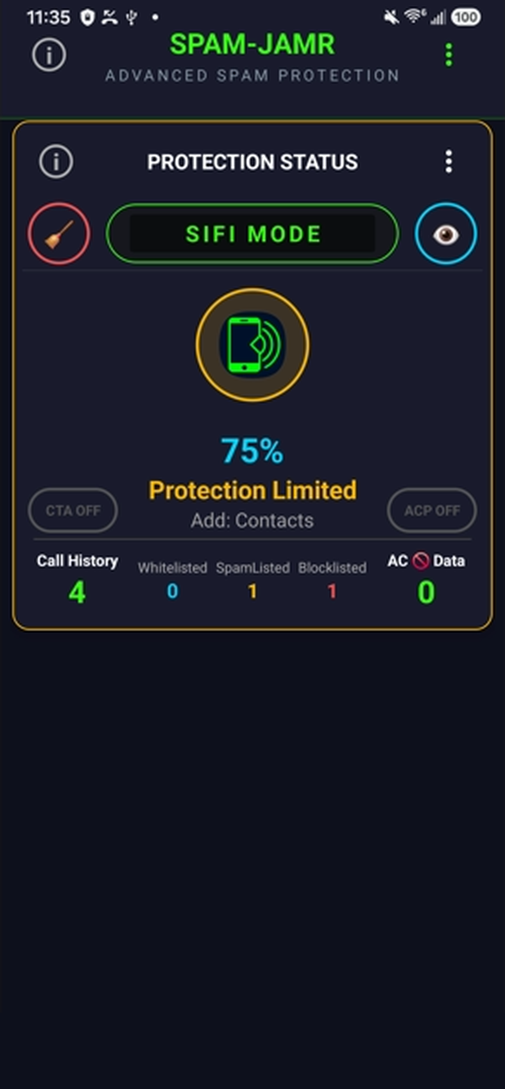 SPAM-JAMR Protection Status dashboard showing 75% Protection Limited with guidance to add contacts access